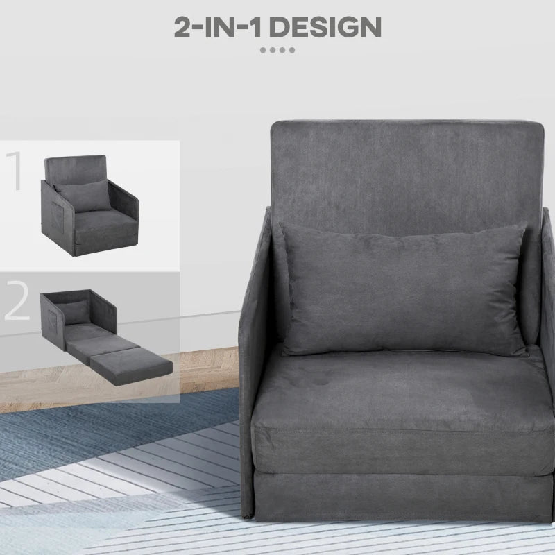HOMCOM Single Sofa Bed Fabric Armchair Bed Soft Floor Sleeper Lounger Futon Couch with Pillow and Pocket Grey