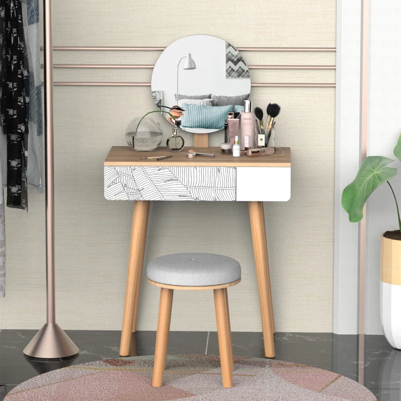 HOMCOM Elegant Dressing Table, Vanity Table with Drawer and Height Adjustable Mirror for Bedroom, Dressing Room, Natural