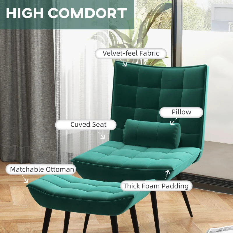 HOMCOM Accent Chair with Footstool Set, Tufted Upholstered Armless Lounge Chair with Pillow and Steel Legs for Living Room, Bedroom, Green