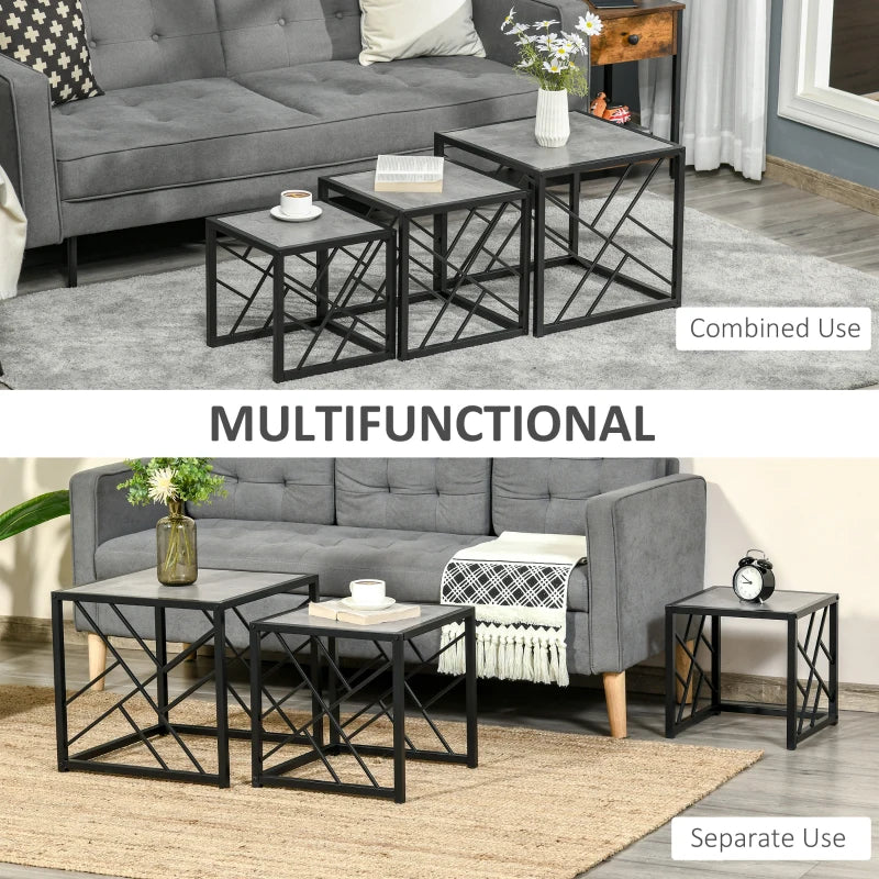 HOMCOM Set of 3 Nest of Tables Square Side Tables with Metal Frame, Grey
