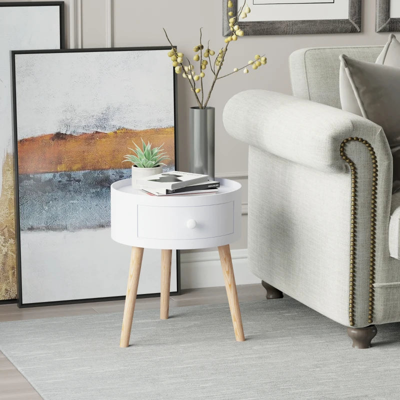 HOMCOM Modern Round Coffee Table Wooden Side Table Living Room Storage Unit w/ Drawer Wood Leg - White