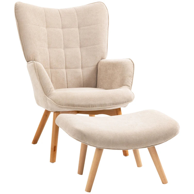 HOMCOM Modern Accent Chair with Ottoman, Living Room Chairs with Steel Frame, Wooden Legs for Living Room, Study, Bedroom and Home Office, Beige