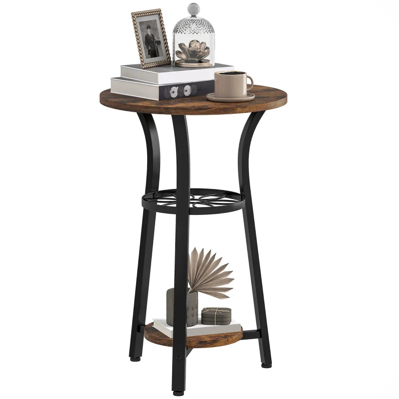 HOMCOM Small Round Side Table with 3 Storage Shelves - Rustic Brown
