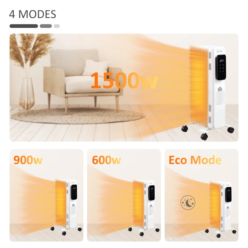 HOMCOM 1630W Oil Filled Radiator with 7 Fins, Portable Electric Heater with 24H Timer, 3 Power Settings, Safety Cut-off and Remote, White