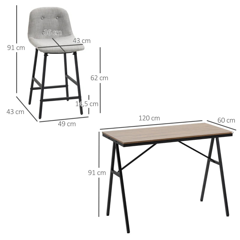 HOMCOM Bar Table with Bar Stools in Industrial Design, Button Tufting, 120 cm x 60 cm x 91 cm, Gray + Black