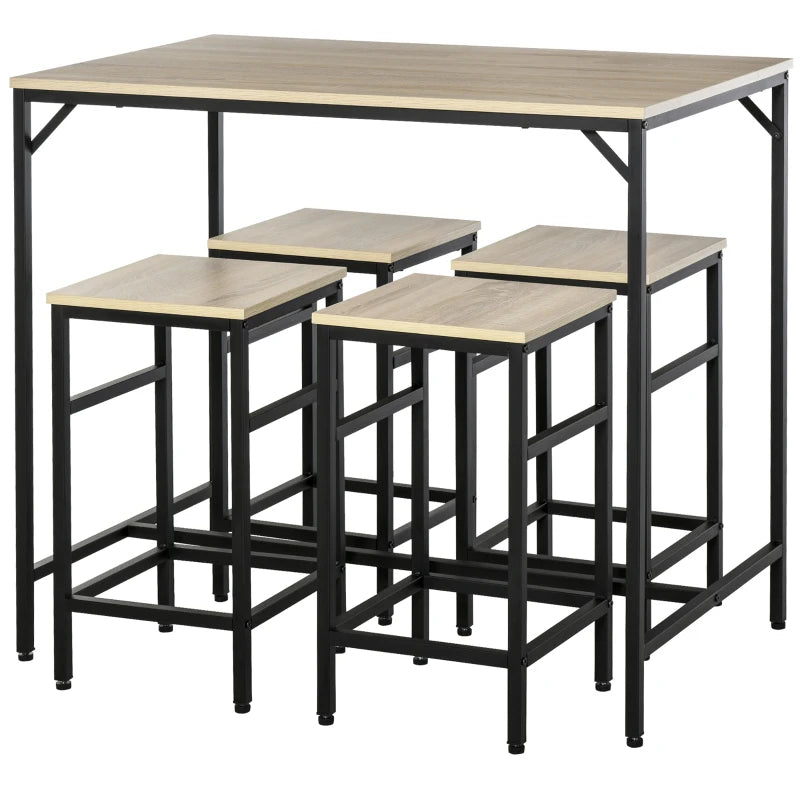 HOMCOM 5-Piece Modern Industrial Dining Table Furniture Set with 4 Stools & Steel Legs for Dining Room, Kitchen, Dinette, Oak