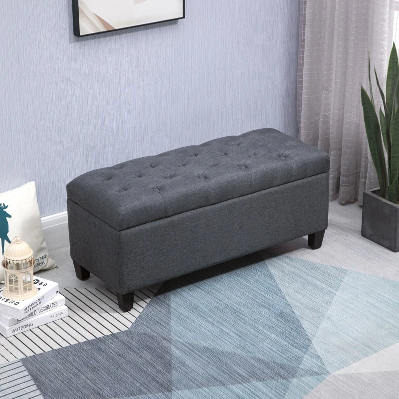 HOMCOM Upholstered Storage Bench Ottoman Classic Design with Linen-Like Fabric and Rubberwood Legs, Dark Grey