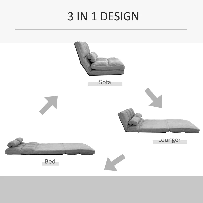 HOMCOM 2-In-1 Floor Sofa Lazy Bed, Folding Couch with 7 Position Adjustable Backrest, Thick Padding, Metal Frame and 2 Pillows, Light Grey