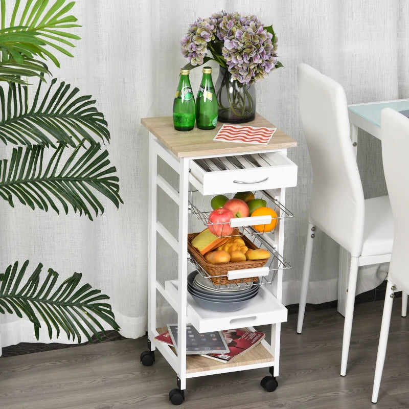 HOMCOM Mobile Rolling Kitchen Island Trolley for Home w/ Metal Baskets Trays Shelves Wheels Compact Stylish Storage White