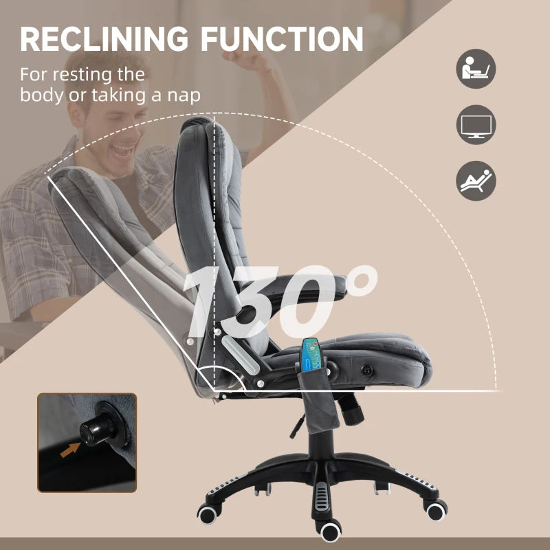 Vinsetto Massage Office Chair Recliner, Ergonomic Gaming Heated Home Office Padded & Swivel Base, Velvet-Feel Fabric, Grey