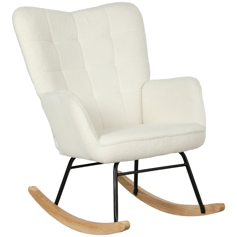 HOMCOM Rocking Chair in Fleece Look with Armrests, Ergonomic Armchair with Wooden Rockers, for Living Room, Bedroom, White