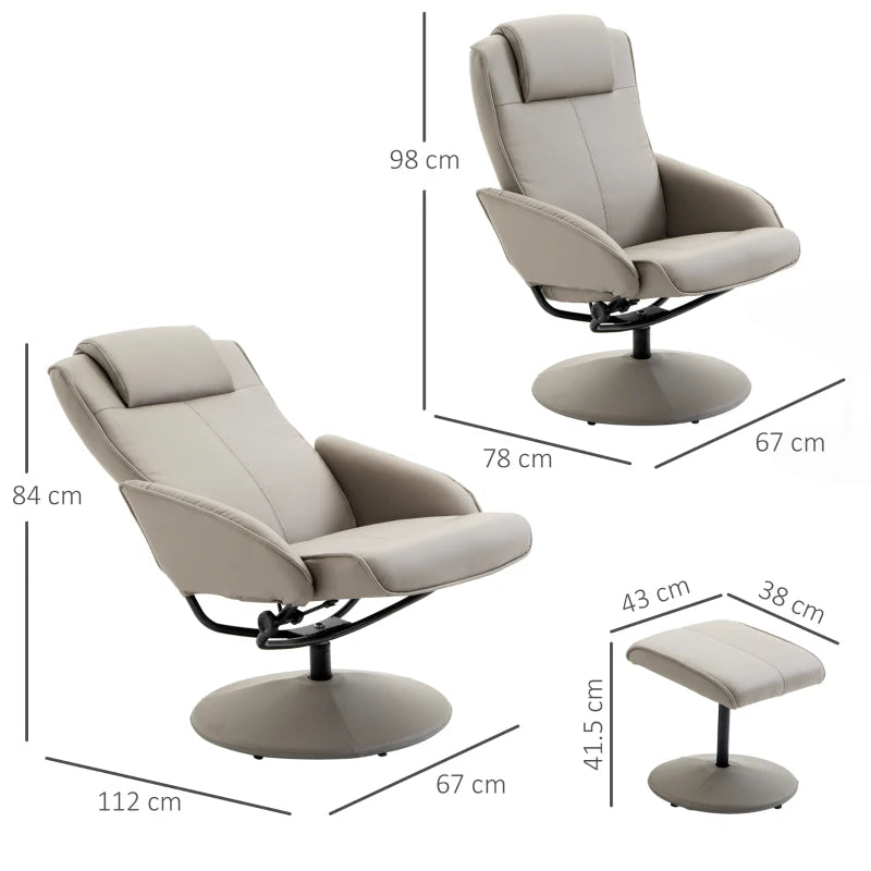 HOMCOM Recliner Chair with Footstool, 360° Swivel TV Chair with Reclining Function, Faux Leather, Reading Chair for Living Room, Bedroom, Gray