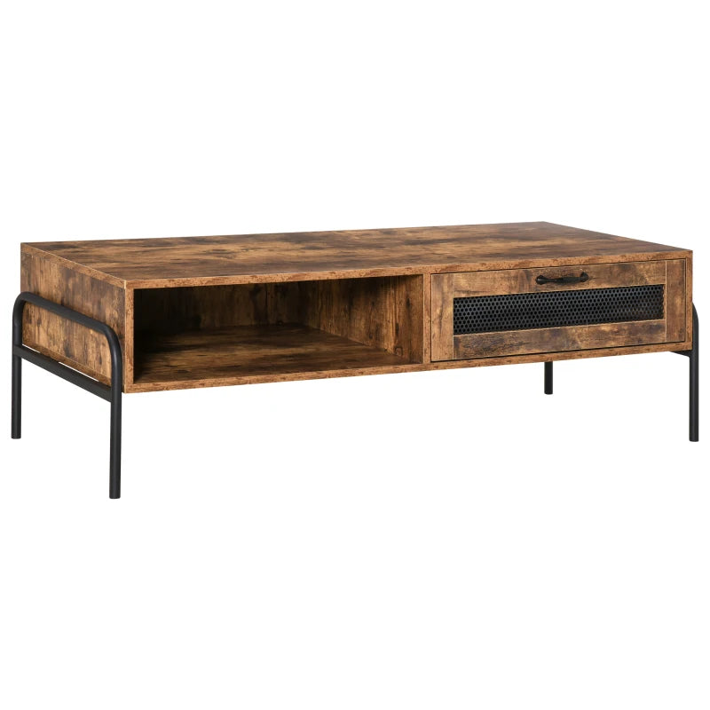 HOMCOM Industrial Coffee Table with Storage, Centre Table with Mesh Drawer, Open Shelf and Metal Legs for Living Room, Rustic Brown