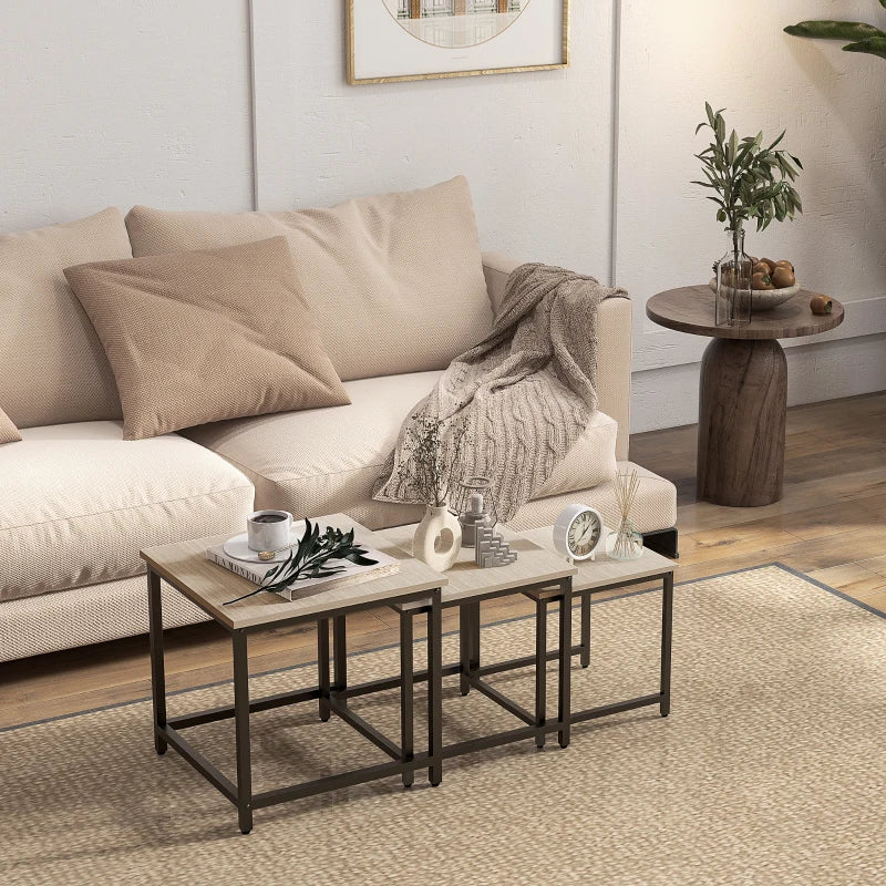 HOMCOM Set of 3 Nesting Tables, Industrial Design, Black Steel Frame, Wood-look Tabletop