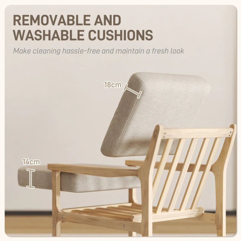 HOMCOM Minimalist design lounge chair with wooden structure, 2 removable cushions covered in linen-effect fabric, armrests, beige