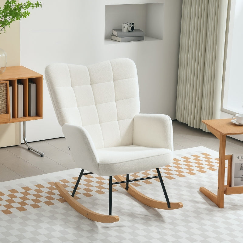 HOMCOM Rocking Chair in Fleece Look with Armrests, Ergonomic Armchair with Wooden Rockers, for Living Room, Bedroom, White