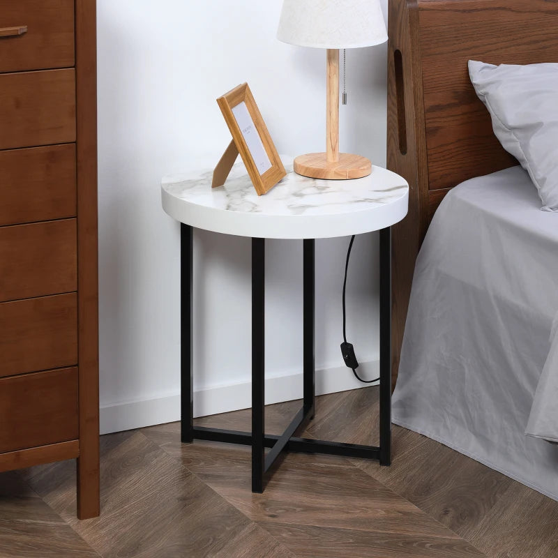 HOMCOM Round End Table with Metal Legs, Modern End Table Bedside Table for Living Room, Bedroom, White