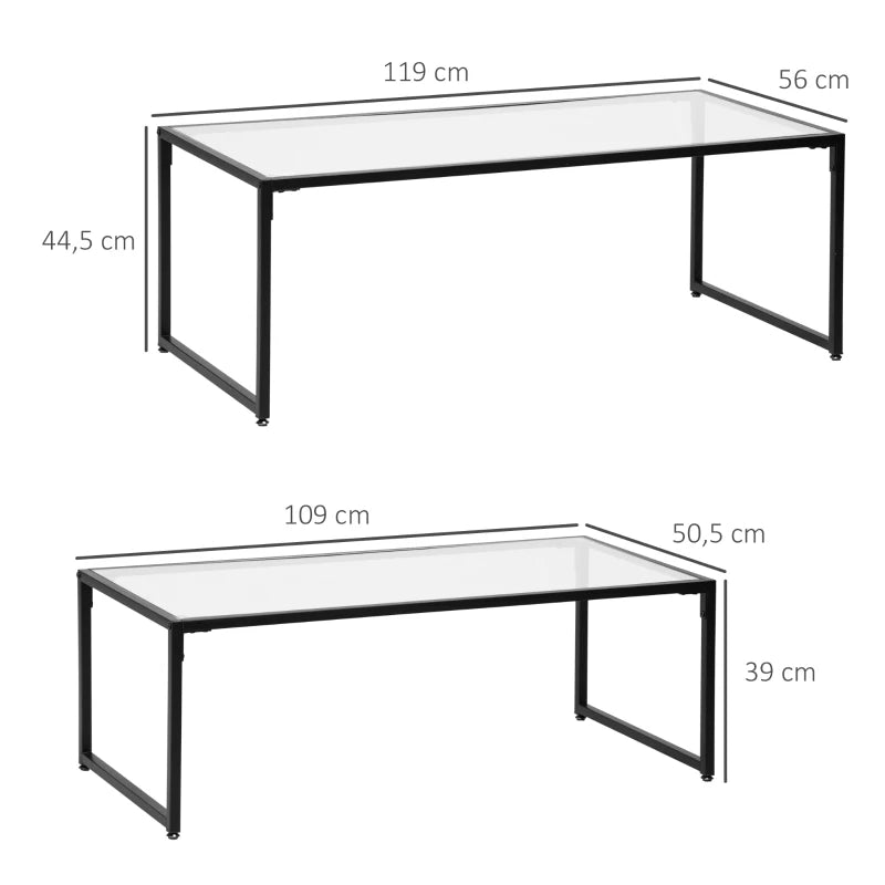 HOMCOM Set of 2 Coffee Tables, Glass Tables, with Powder-Coated Steel, Black + Transparent