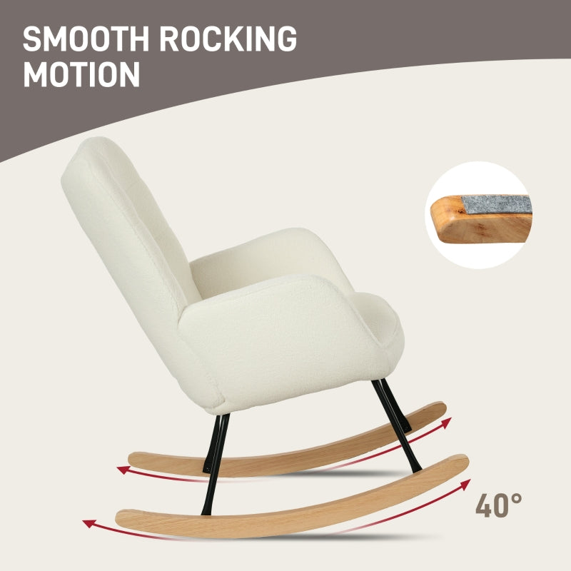 HOMCOM Rocking Chair in Fleece Look with Armrests, Ergonomic Armchair with Wooden Rockers, for Living Room, Bedroom, White