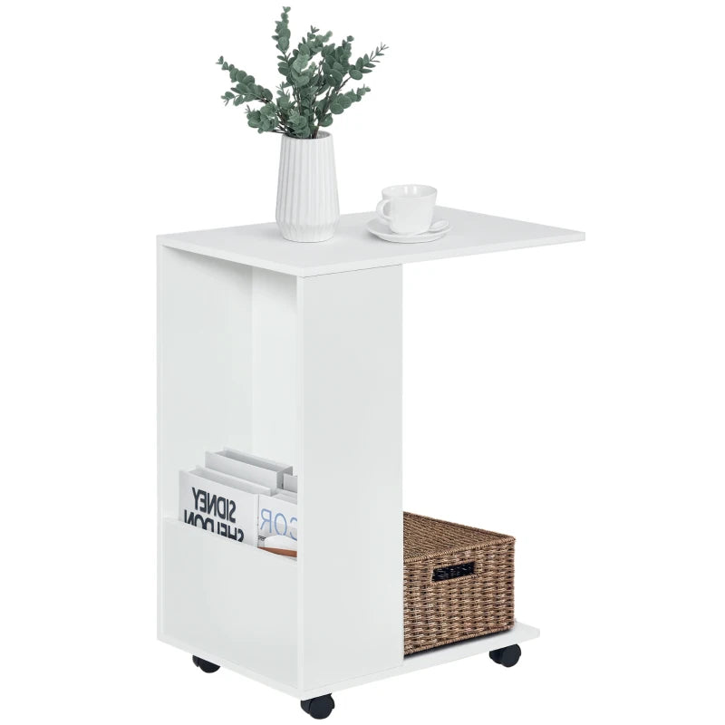 HOMCOM C-Shape Sofa Side Table with Wheels and Storage, Mobile End Table for Laptop, Coffee, Snack, White
