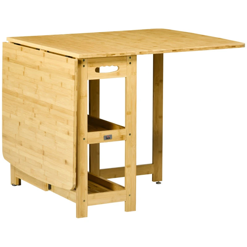 HOMCOM Folding Table, Dining Table, Two Foldable Sides, Two Shelves, Adjustable Feet, Bamboo, 149.5 x 80 x 73.5cm