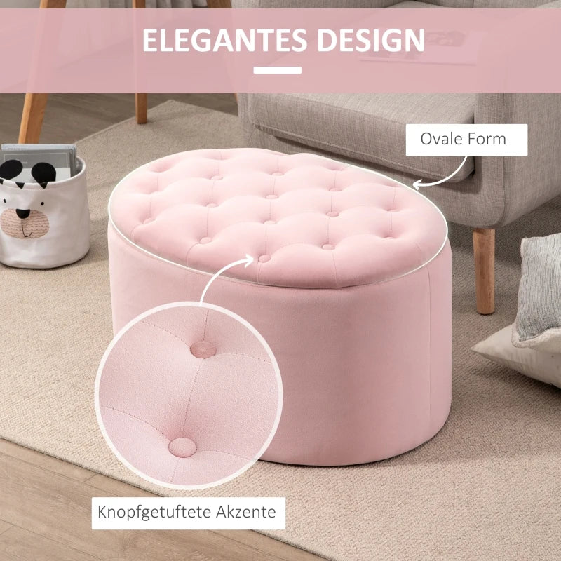 HOMCOM Bench Upholstered Ottoman with Storage Chest Oval Shape Entryway Bedroom Living Room Velvet-like Polyester Pink 71 x 52 x 42 cm