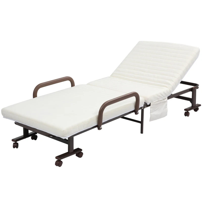 HOMCOM Folding Bed with Mattress, Single Guest Bed, Portable Fold Bed with Adjustable Backrest, Metal Frame on Wheels, White, 190 x 76 cm