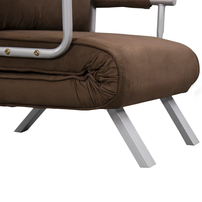 HOMCOM Convertible 1-Seater Armchair Sofa Bed with Removable Quilted Upholstery Grand Comfort Cushion Metal Armrests Suede Brown