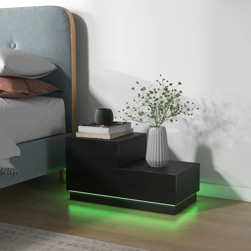 HOMCOM High Gloss Front Bedside Table with Drawers Nightstand with RGB LED Light and Remote for Bedroom Living Room Black