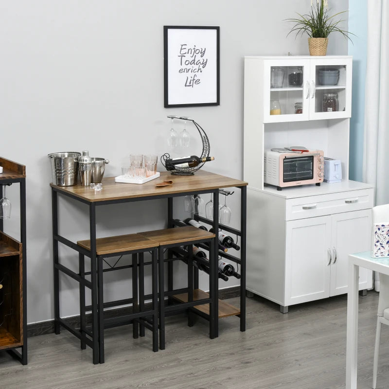 HOMCOM 3 Pieces Dining Table and Chair Bar Bistro Set with 8-bottle Wine Rack and Cup Holder, Metal Frame for Kitchen, Dining Room, Living Room, Pub