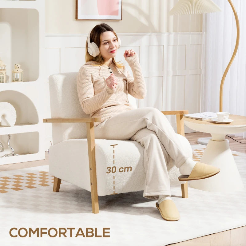 HOMCOM Armchair, Sherpa Fabric Accent Chair, Nordic Comfy Upholstered Reading Lounge with Wood Legs and Armrests for Bedroom