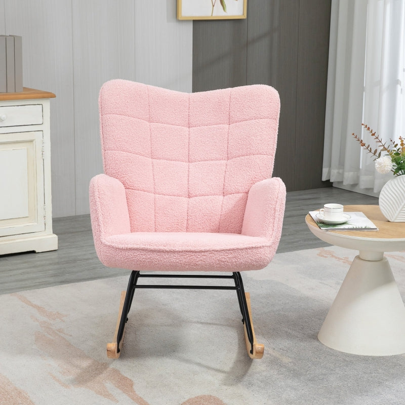 HOMCOM Accent Rocking Chair, Berber Fleece Nursery Glider Rocker, Modern Armchair, Wingback Chair for Living Room, Pink