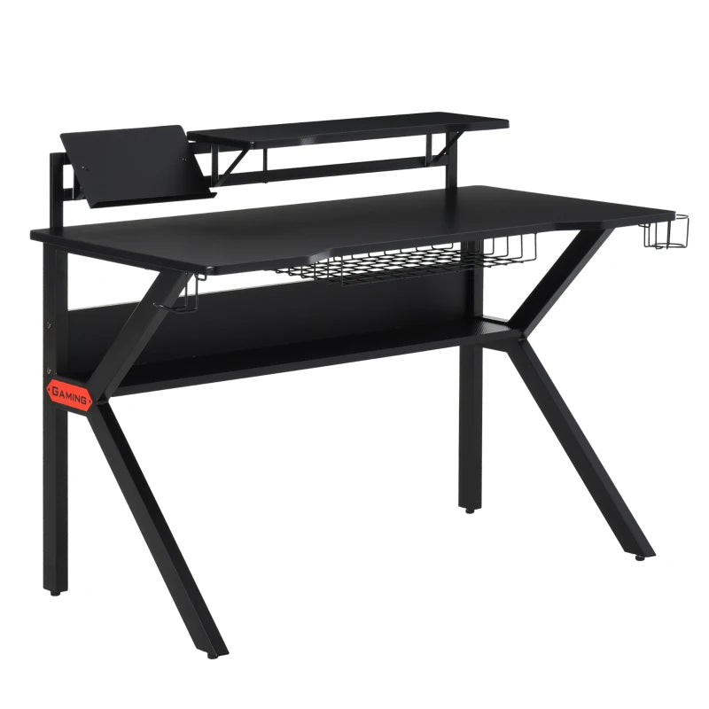 HOMCOM Black Gaming Desk, Metal Frame w/Cup Holder Headphone Hook & Cable Basket