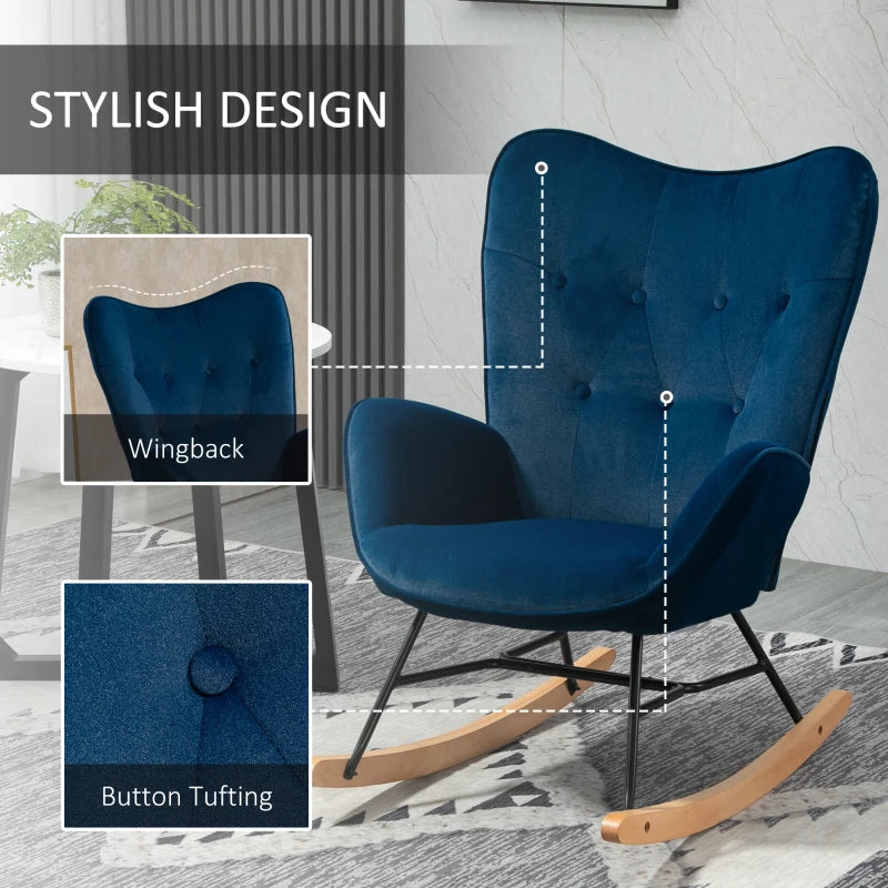 HOMCOM Rocking Chair with Ear Wings Rocking Chair High Comfort Armrests Deep Seat Foam padding Velvet-Look Blue