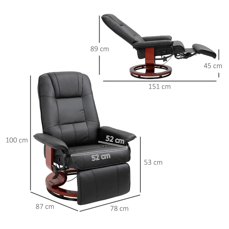 HOMCOM Black Recliner Chair, PU Leather Swivel Seat with Wooden Base
