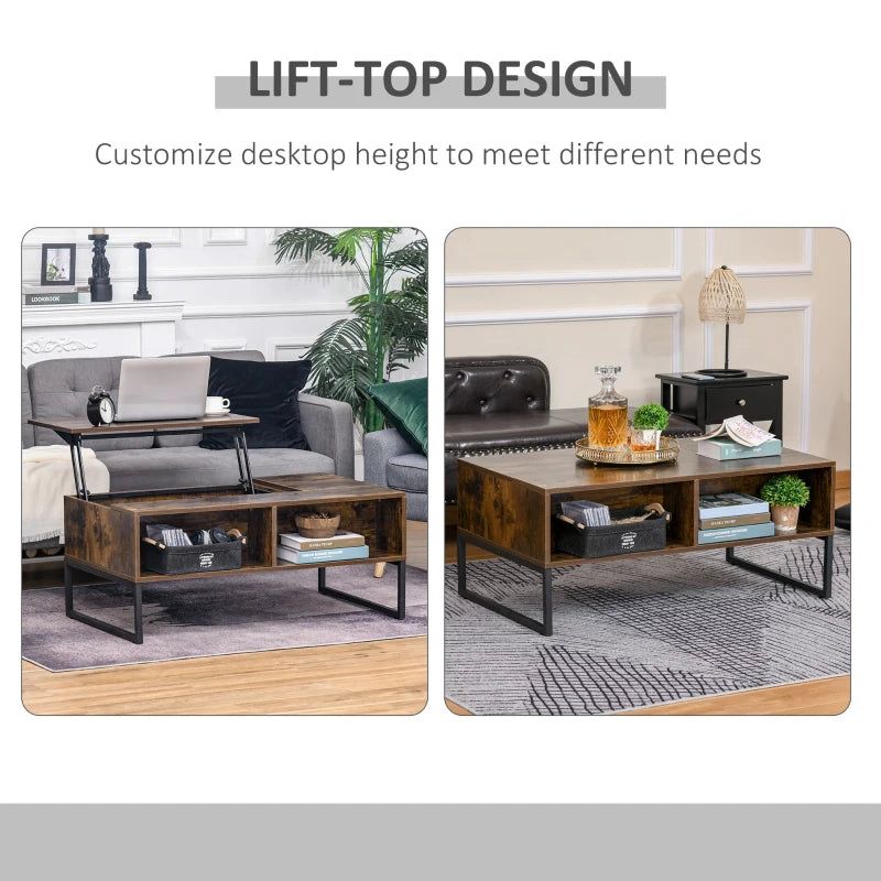 HOMCOM Lift Top Coffee Table, Industrial Coffee Table with Hidden Storage, Drawer and 2 Compartments, Extendable Living Room Table with Metal Frame, Rustic Brown