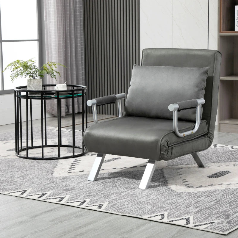 HOMCOM Single Chair Sofa Bed Convertible Detachable Grand Comfort Cushion Metal Armrest Legs Suede Grey