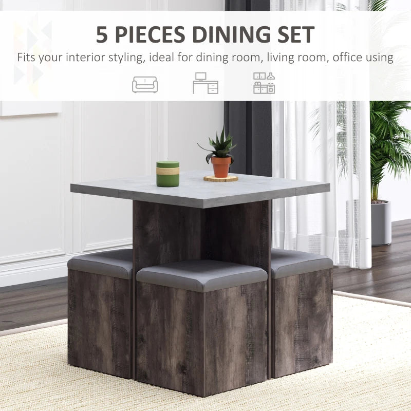 HOMCOM 5 piece Dining Set, Dining Table and 4 Storage Ottoman Stools with Cushions, Space Saving Design, Grey