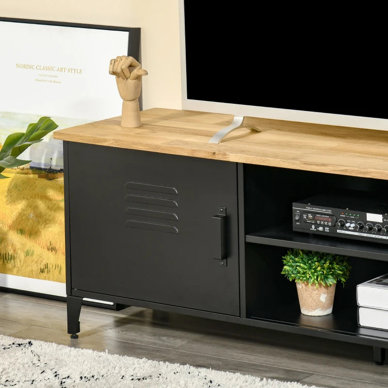 HOMCOM TV Stand TV Stand for 55'' TVs with 2 Cupboards Adjustable Feet Black Metal Frame Natural Wood Top 150 x 40 x 50 cm