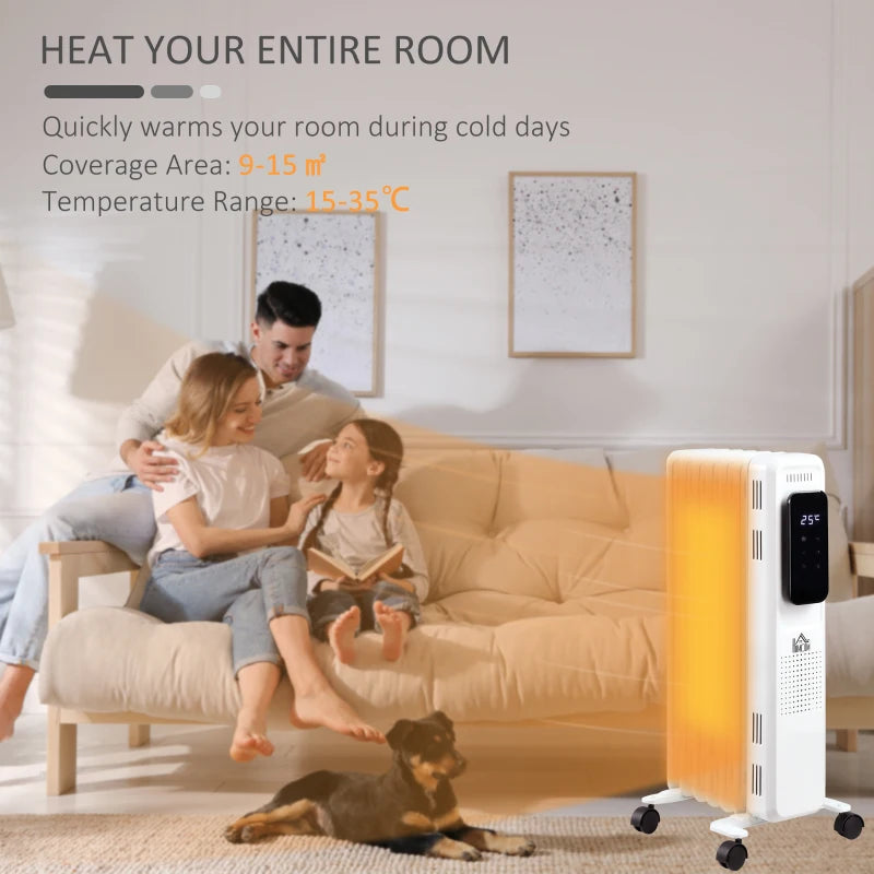 HOMCOM 1630W Oil Filled Radiator with 7 Fins, Portable Electric Heater with 24H Timer, 3 Power Settings, Safety Cut-off and Remote, White
