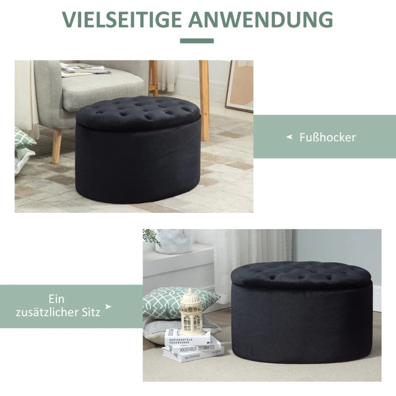 HOMCOM Bench Upholstered Ottoman with Storage Chest Oval Shape Entryway Bedroom Living Room Velvet-like Polyester Black 71 x 52 x 42 cm
