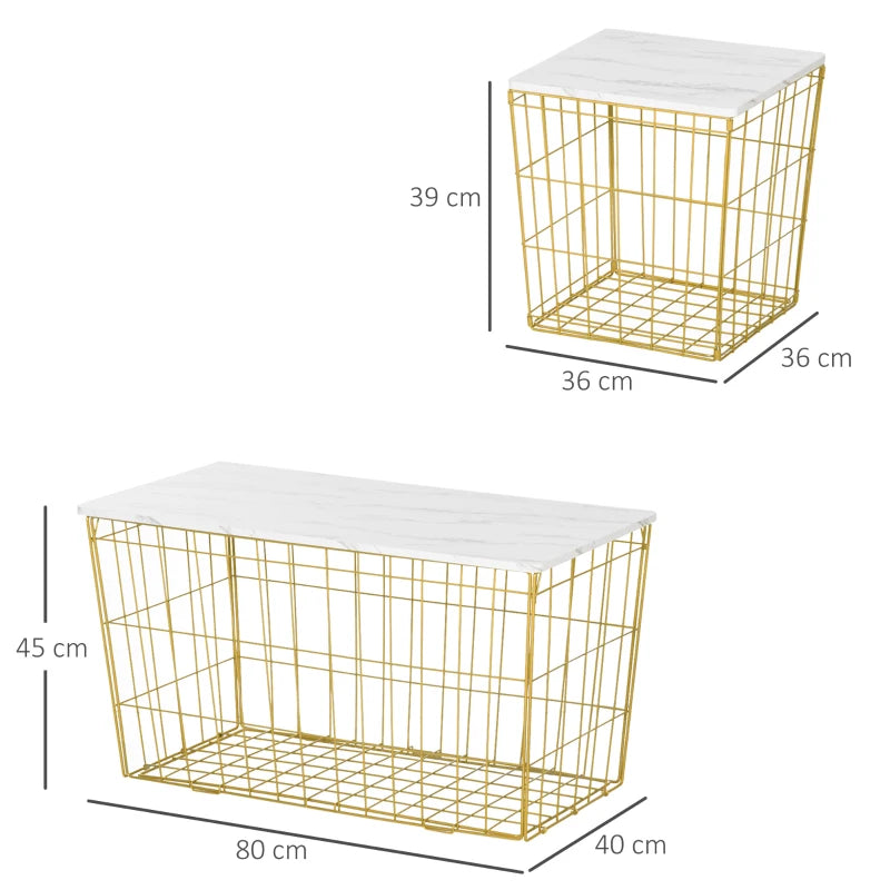 HOMCOM Nest of Tables, End Tables Set of 2 with Faux Marble Top and Wire Metal Frame, Nesting Coffee Tables for Living Room, White and Gold