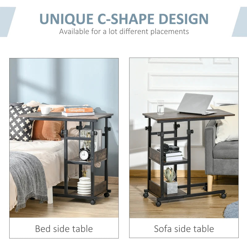 HOMCOM 3-Tier Mobile Side Table, C-Shaped End Table, Industrial Couch Table with Adjustable Height, Storage Shelves, Rustic Brown