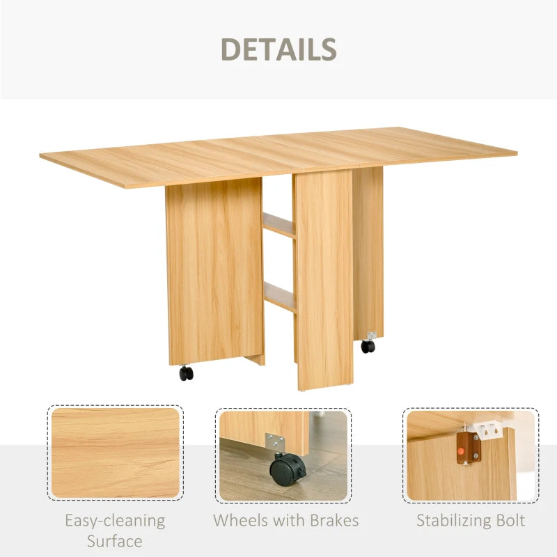 HOMCOM Drop Leaf Dining Table with Storage Shelves, Folding Kitchen Table, Writing Desk with 2 Wheels, Brown