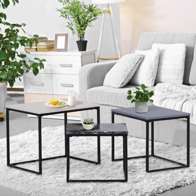 HOMCOM 3-Piece Coffee Table Set Stackable End Table Side Table Metal Base MDF 3 Colors
