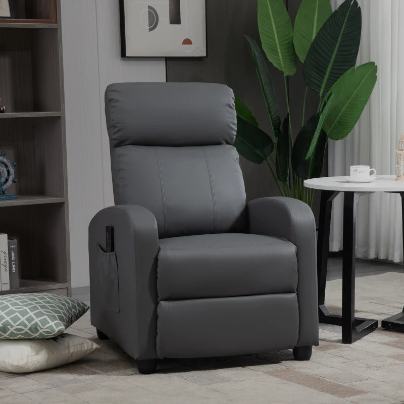 HOMCOM Recliner Armchair, Massage Faux Leather Push Back Reclining Chair with Adjustable Leg Rest, Side Pocket, for Home Living Room Theatre, Grey
