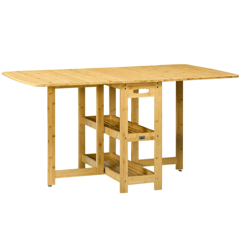 HOMCOM Folding Table, Dining Table, Two Foldable Sides, Two Shelves, Adjustable Feet, Bamboo, 149.5 x 80 x 73.5cm