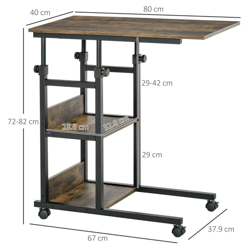 HOMCOM 3-Tier Mobile Side Table, C-Shaped End Table, Industrial Couch Table with Adjustable Height, Storage Shelves, Rustic Brown