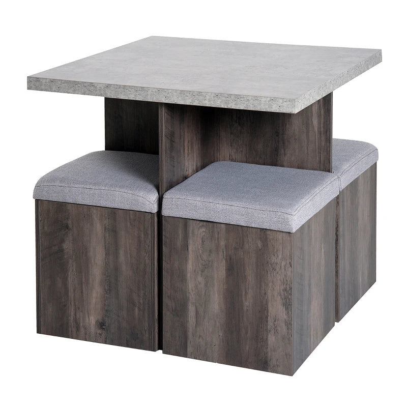 HOMCOM 5 piece Dining Set, Dining Table and 4 Storage Ottoman Stools with Cushions, Space Saving Design, Grey