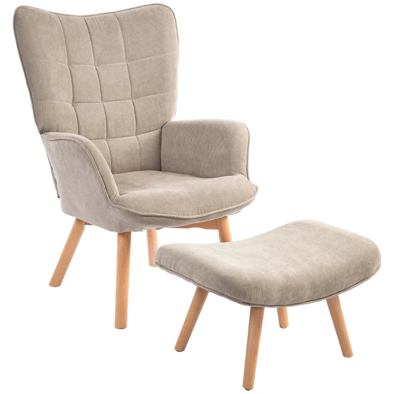 HOMCOM Accent Chair with Ottoman, Lounge Chair in Corduroy Look, Armchair with Wooden Legs, for Living Room, Light Brown